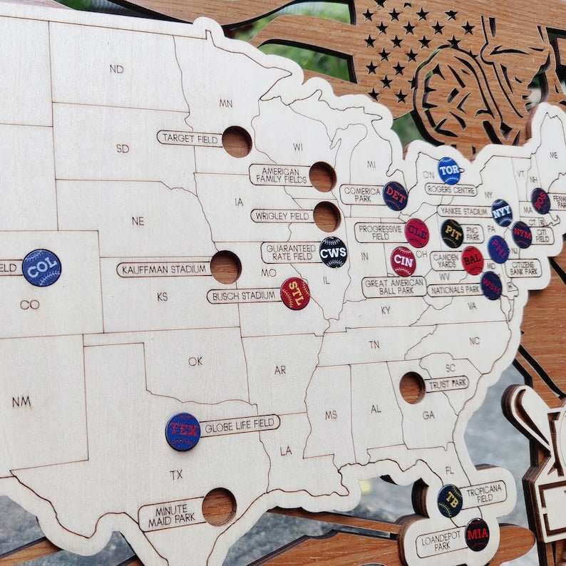 3D Cutout Wooden MLB Stadium Map with Engraved Nameplate & Team Pins - Mappae Pilot