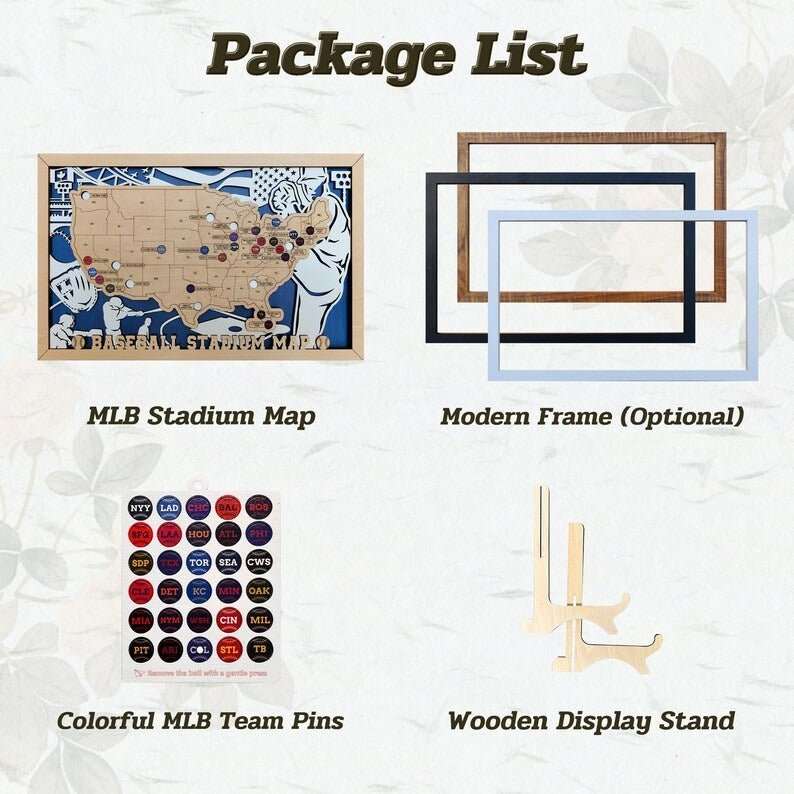 Custom Team Color Wooden MLB Stadium Map with Team Pins - Mappae Pilot
