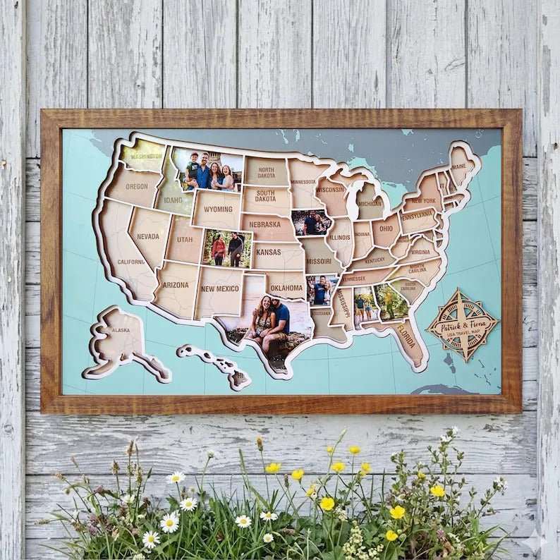 Personalized USA Photo Travel Map - Light Blue - Mappae Pilot