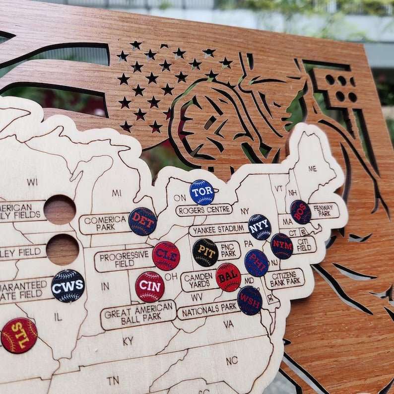 3D Cutout Wooden MLB Stadium Map with Engraved Nameplate & Team Pins - Mappae Pilot