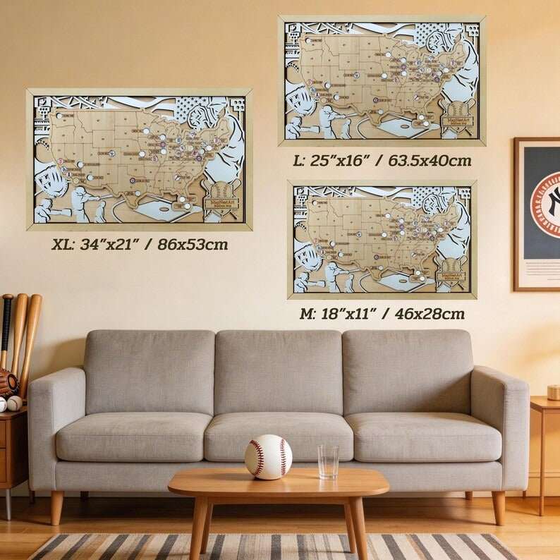 Personalized Wooden MLB Stadium Map with Engraved Nameplate & Team Logo Pins - Mappae Pilot