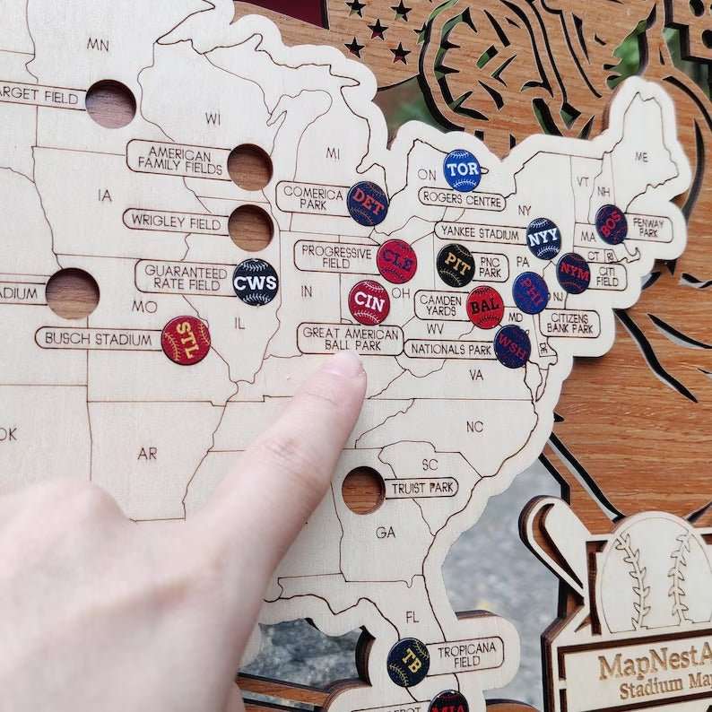 3D Cutout Wooden MLB Stadium Map with Engraved Nameplate & Team Pins - Mappae Pilot