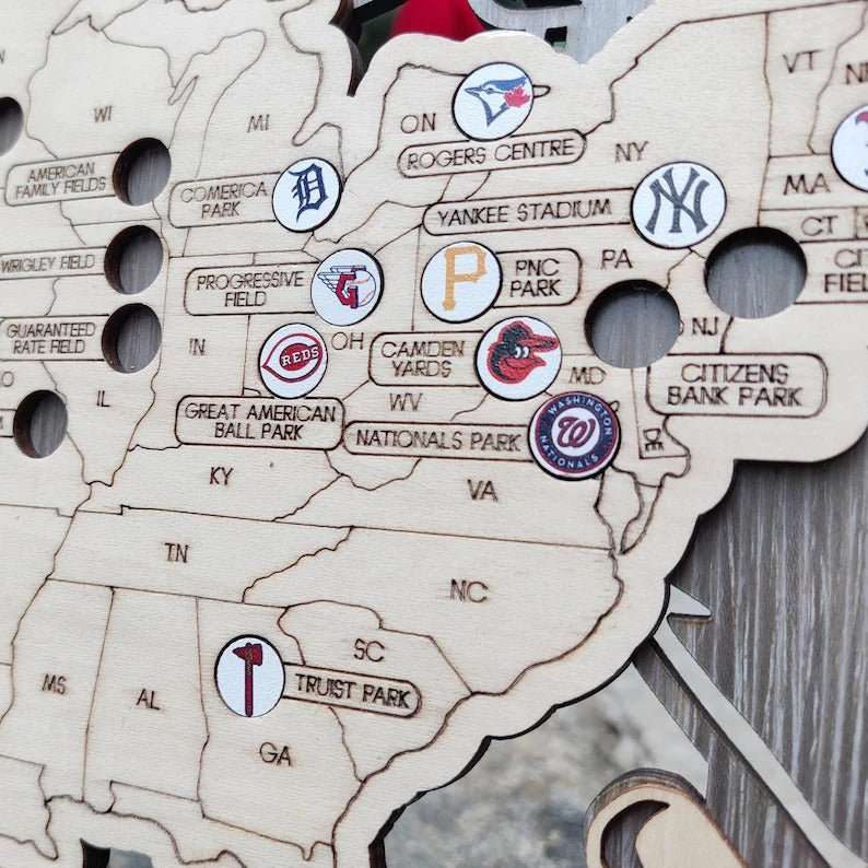 3D Cutout Wooden MLB Stadium Map with Engraved Nameplate & Team Logo Pins - Mappae Pilot