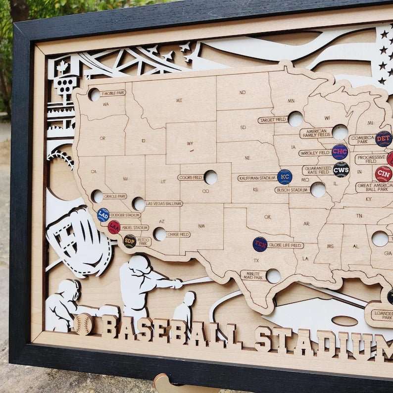 Personalized Wooden MLB Stadium Map with Colorful MLB Team Pins - Mappae Pilot