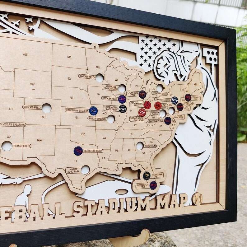 Personalized Wooden MLB Stadium Map with Colorful MLB Team Pins - Mappae Pilot