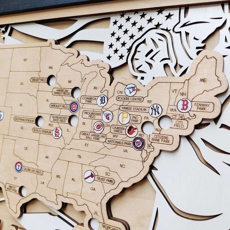 Personalized Wooden MLB Stadium Map with Colorful MLB Team Logo Pins - Mappae Pilot