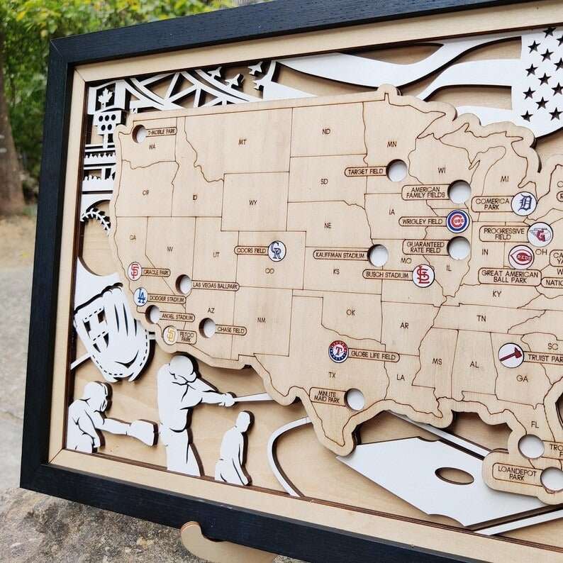 Personalized Wooden MLB Stadium Map with Engraved Nameplate & Team Logo Pins - Mappae Pilot