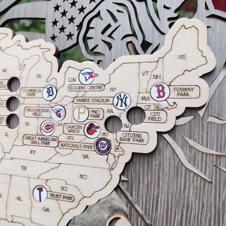 3D Cutout Wooden MLB Stadium Map with Engraved Nameplate & Team Logo Pins - Mappae Pilot