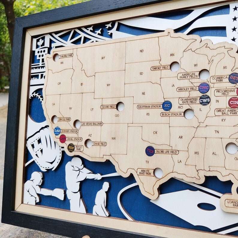 Custom Color MLB Stadium Map with Nameplate & Team Pins - Mappae Pilot
