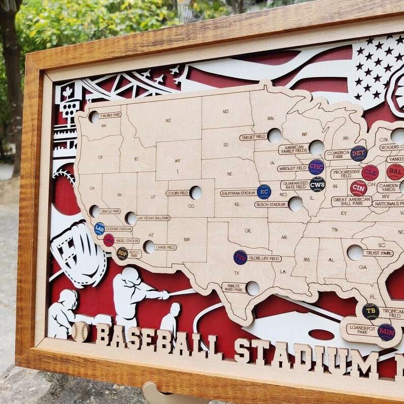 Custom Team Color Wooden MLB Stadium Map with Team Pins - Mappae Pilot