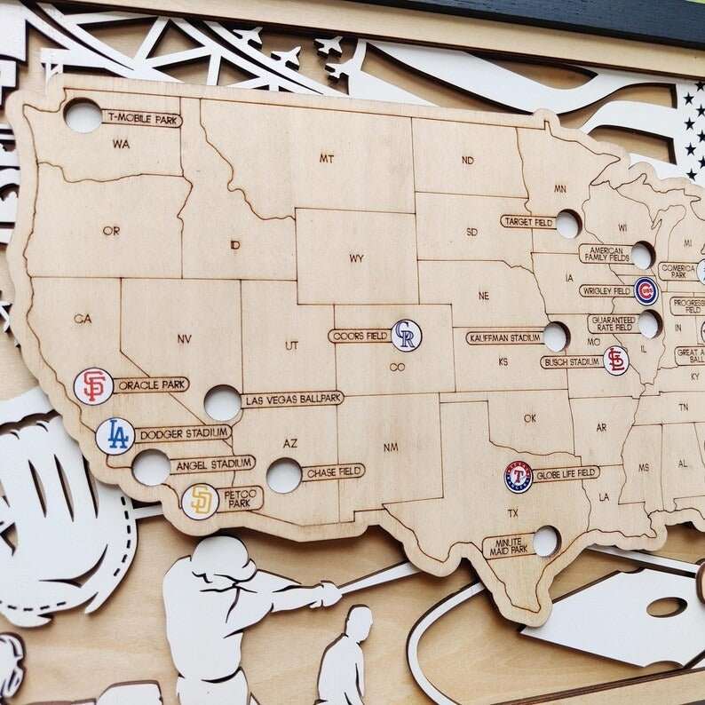 Personalized Wooden MLB Stadium Map with Engraved Nameplate & Team Logo Pins - Mappae Pilot