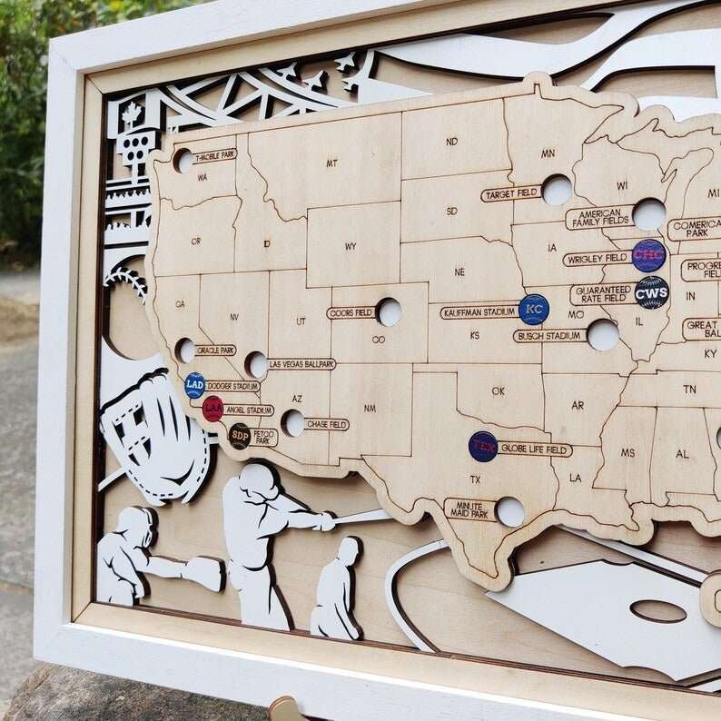 Custom Team Color Wooden MLB Stadium Map with Team Pins - Mappae Pilot