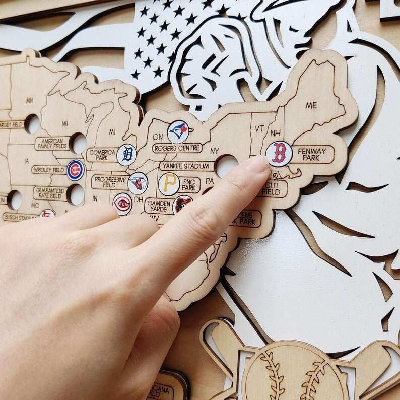 Personalized Wooden MLB Stadium Map with Engraved Nameplate & Team Logo Pins - Mappae Pilot