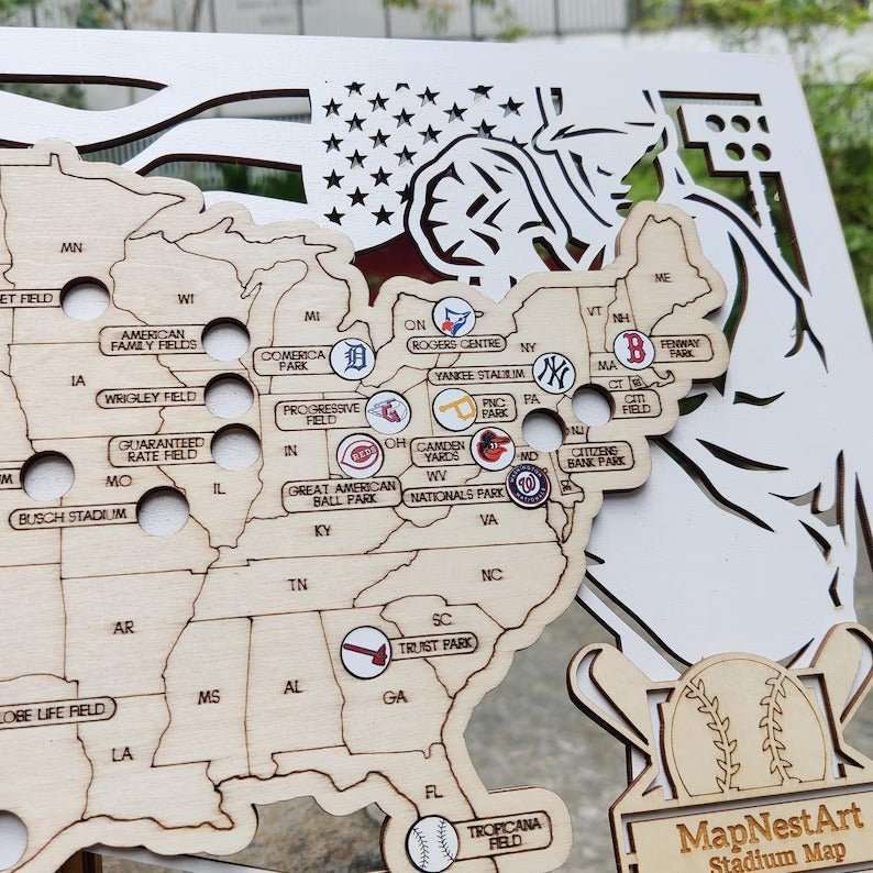 3D Cutout Wooden MLB Stadium Map with Engraved Nameplate & Team Logo Pins - Mappae Pilot