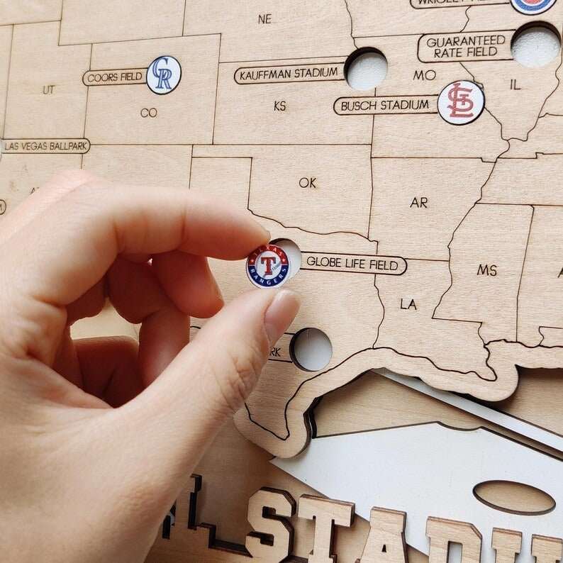 Personalized Wooden MLB Stadium Map with Colorful MLB Team Logo Pins - Mappae Pilot