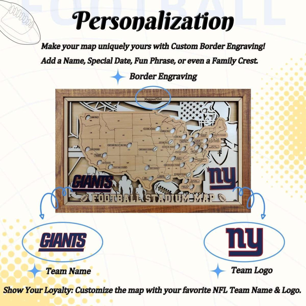 Wooden NFL Stadium Travel Tracker Map - Unique Football Fan Gift - Mappae Pilot