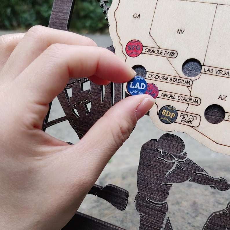 3D Cutout Wooden MLB Stadium Map with Engraved Nameplate & Team Pins - Mappae Pilot