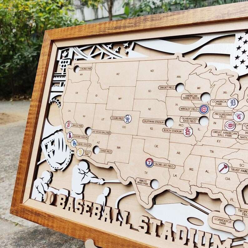 Personalized Wooden MLB Stadium Map with Colorful MLB Team Logo Pins - Mappae Pilot