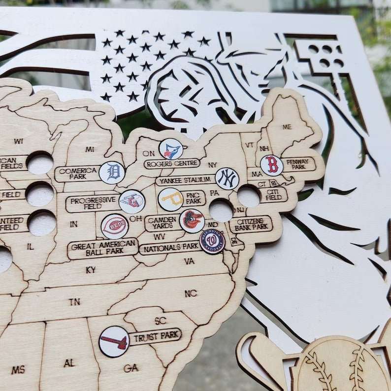 3D Cutout Wooden MLB Stadium Map with Engraved Nameplate & Team Logo Pins - Mappae Pilot