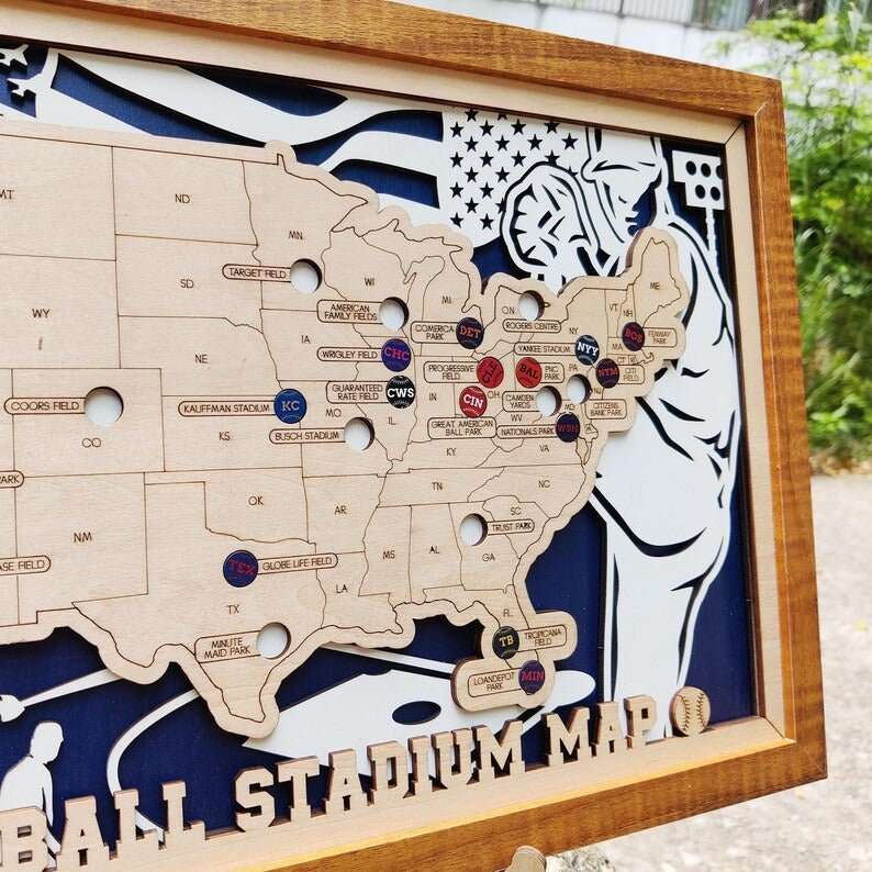 Custom Team Color Wooden MLB Stadium Map with Team Pins - Mappae Pilot