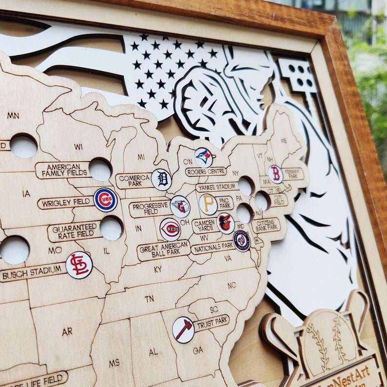 Personalized Wooden MLB Stadium Map with Engraved Nameplate & Team Logo Pins - Mappae Pilot