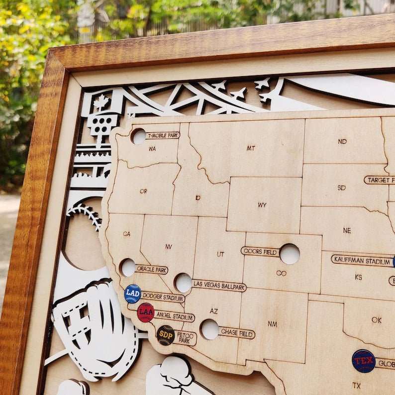 Personalized Wooden MLB Stadium Map with Colorful MLB Team Pins - Mappae Pilot