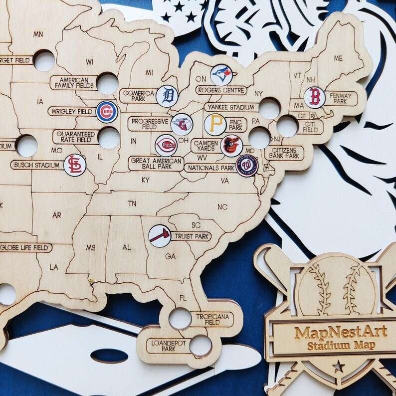 Custom Color MLB Stadium Map with Nameplate & Team Logo Pins - Mappae Pilot