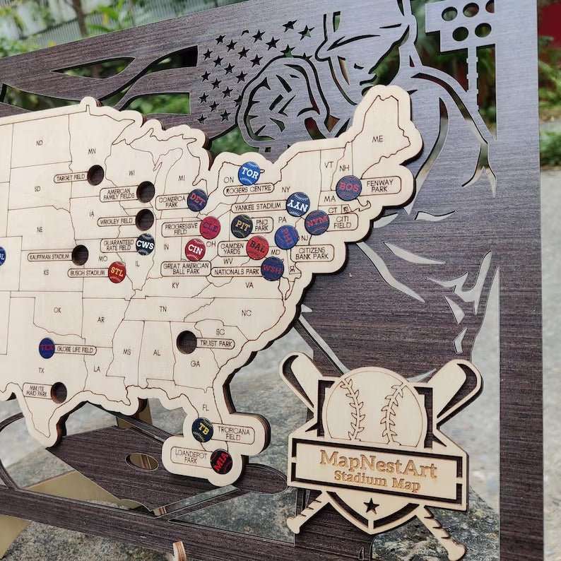 3D Cutout Wooden MLB Stadium Map with Engraved Nameplate & Team Pins - Mappae Pilot