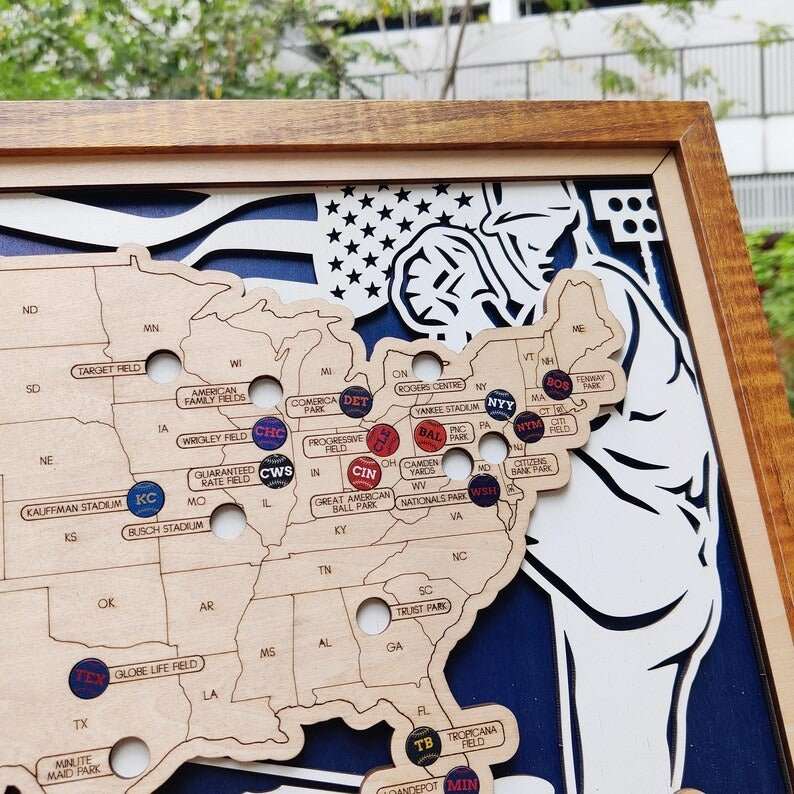 Custom Team Color Wooden MLB Stadium Map with Team Pins - Mappae Pilot