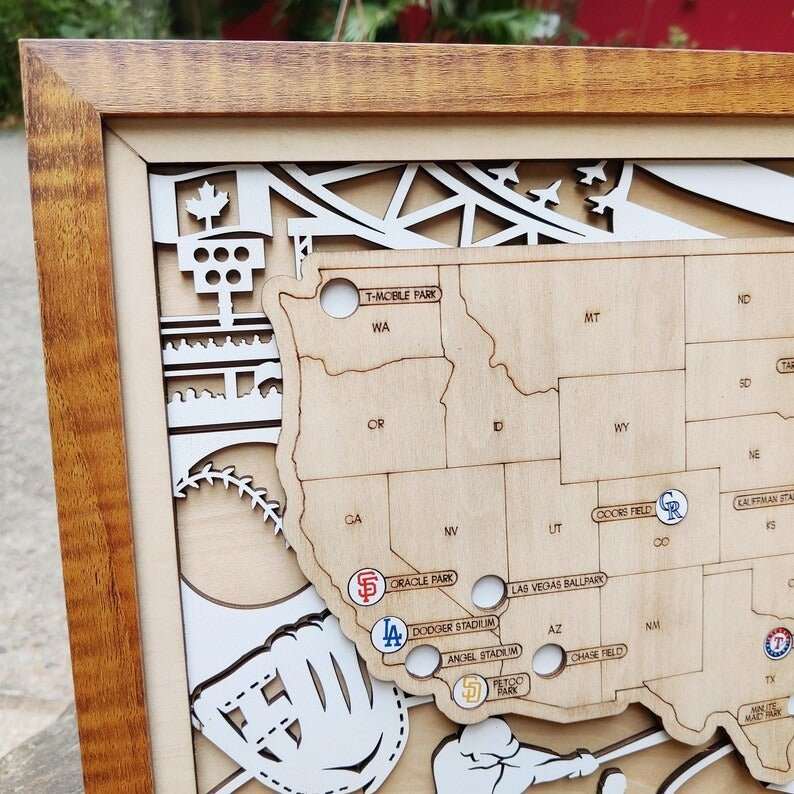 Personalized Wooden MLB Stadium Map with Engraved Nameplate & Team Logo Pins - Mappae Pilot