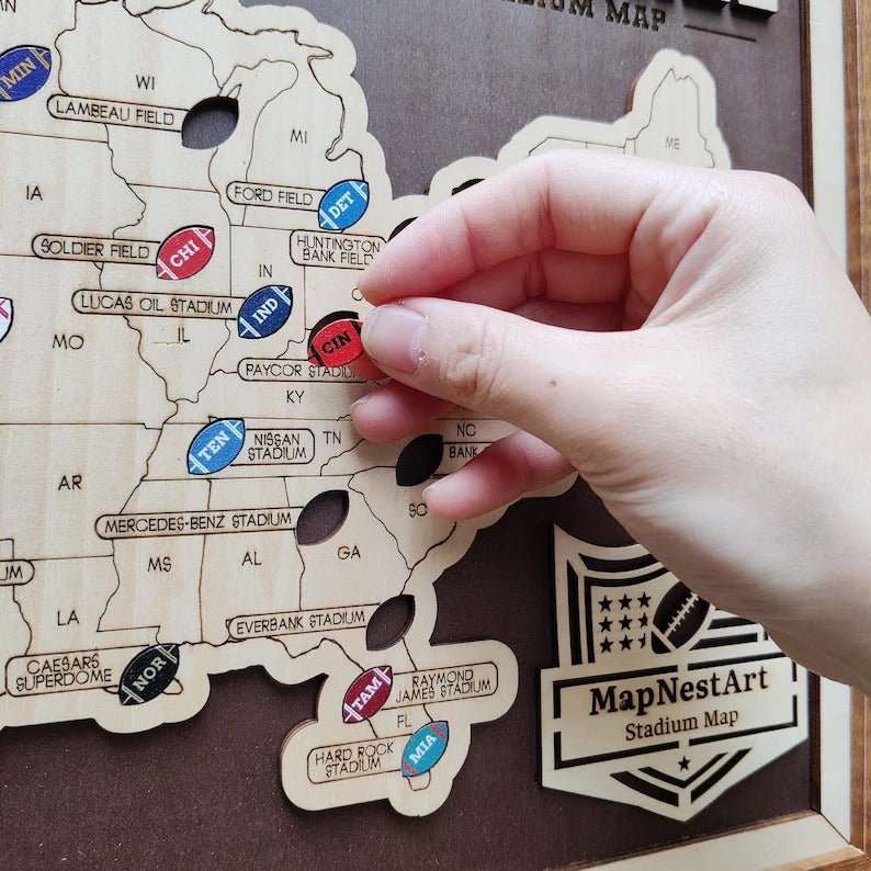 Personalized Brown Wooden NFL Stadium Map with Team Name Pins - Mappae Pilot
