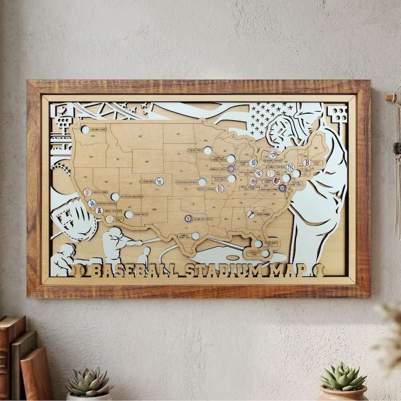Personalized Wooden MLB Stadium Map with Colorful MLB Team Logo Pins - Mappae Pilot