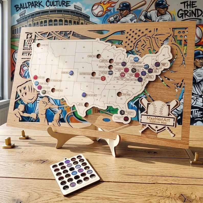 3D Cutout Wooden MLB Stadium Map with Engraved Nameplate & Team Pins - Mappae Pilot