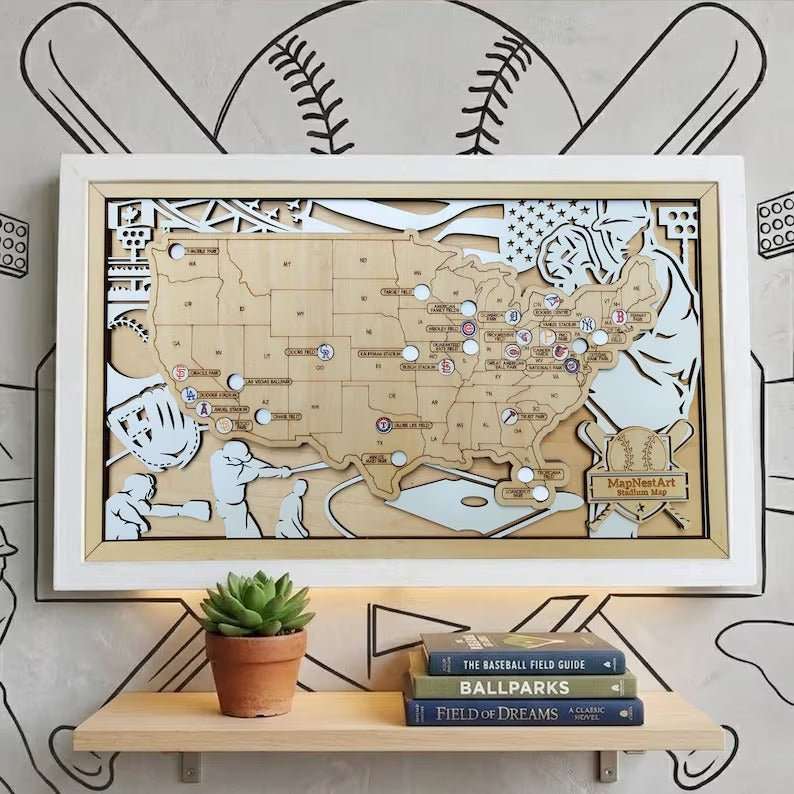 Personalized Wooden MLB Stadium Map with Engraved Nameplate & Team Logo Pins - Mappae Pilot