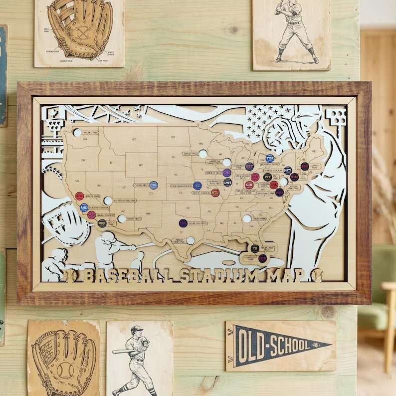 Personalized Wooden MLB Stadium Map with Colorful MLB Team Pins - Mappae Pilot