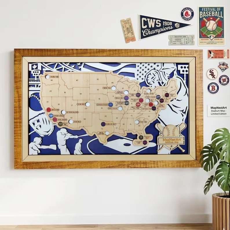 Custom Color MLB Stadium Map with Nameplate & Team Pins - Mappae Pilot