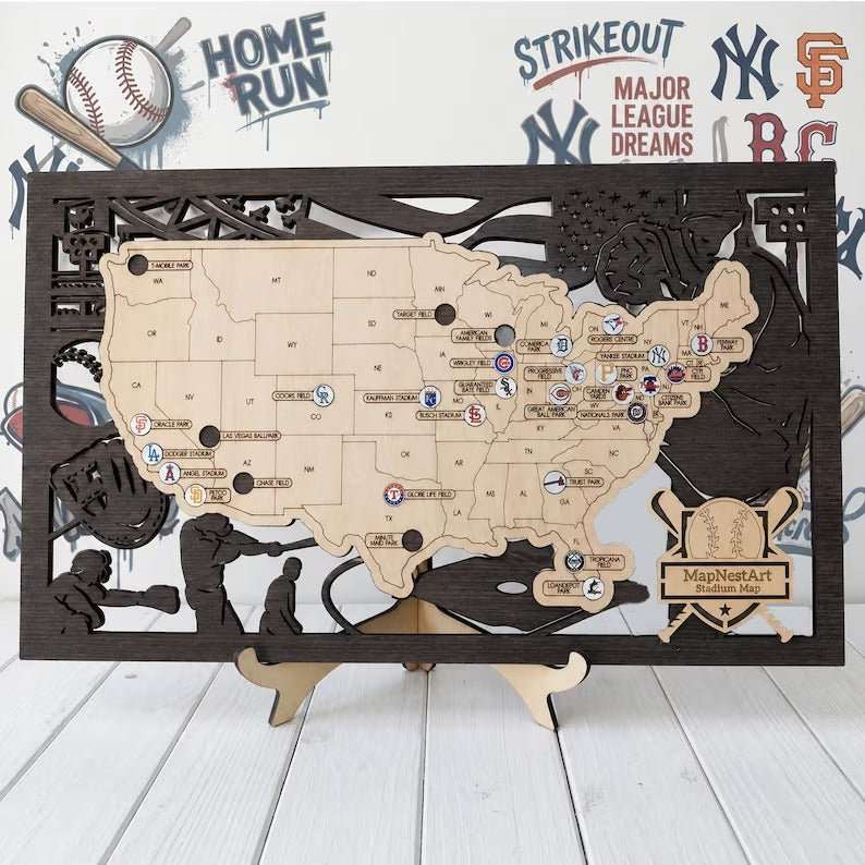 3D Cutout Wooden MLB Stadium Map with Engraved Nameplate & Team Logo Pins - Mappae Pilot