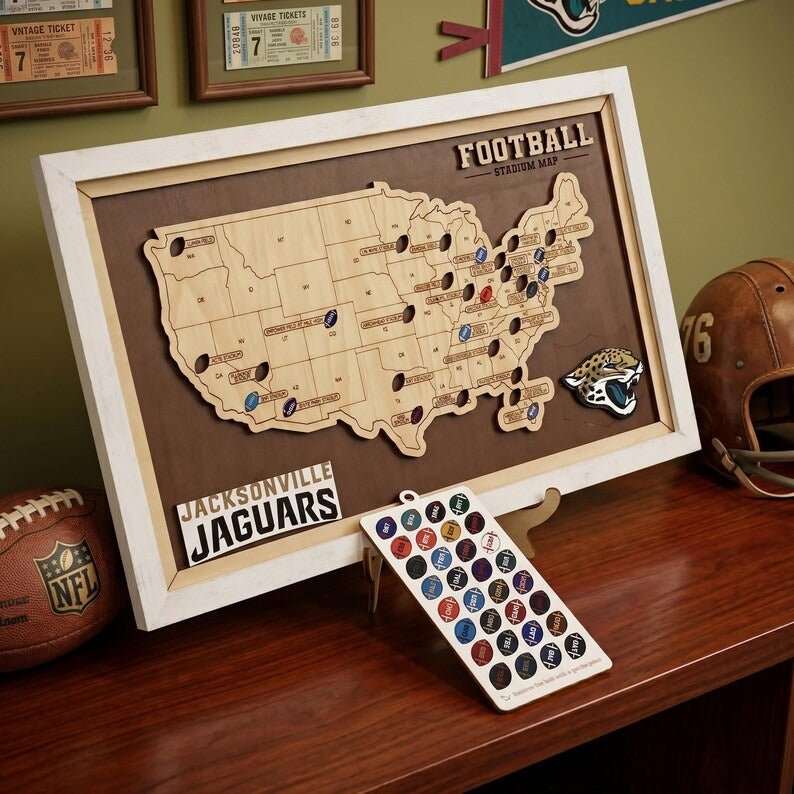 Personalized Brown Wooden NFL Stadium Map with Team Name Pins - Mappae Pilot