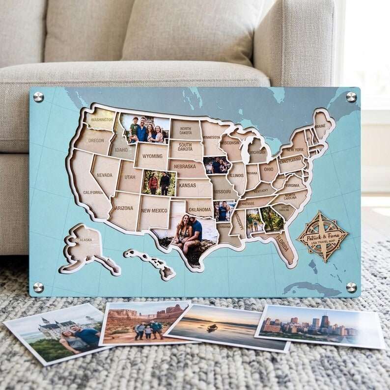Personalized USA Photo Travel Map - Light Blue - Mappae Pilot