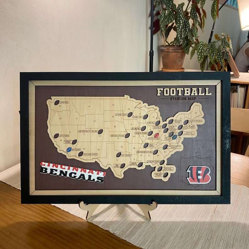 Personalized Brown Wooden NFL Stadium Map with Team Name Pins - Mappae Pilot