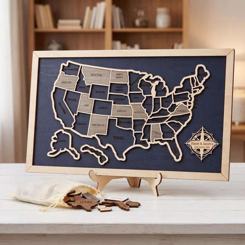 50 States Puzzle Map - Laser Cut Wooden USA Travel Tracker