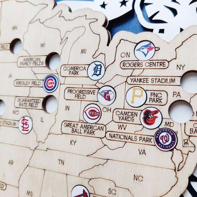 Custom Color MLB Stadium Map with Nameplate & Team Logo Pins - Mappae Pilot