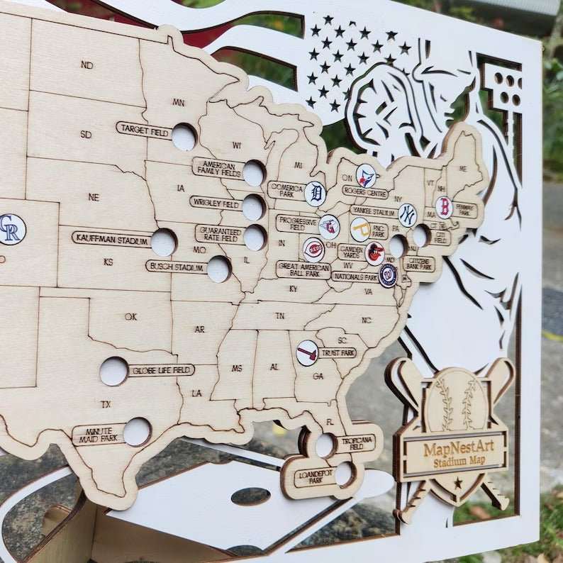 3D Cutout Wooden MLB Stadium Map with Engraved Nameplate & Team Logo Pins - Mappae Pilot