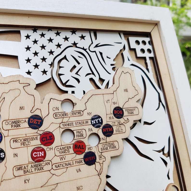 Personalized Wooden MLB Stadium Map with Colorful MLB Team Pins - Mappae Pilot