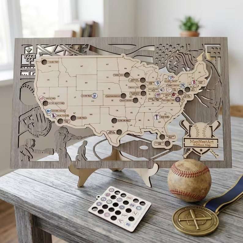 3D Cutout Wooden MLB Stadium Map with Engraved Nameplate & Team Logo Pins - Mappae Pilot
