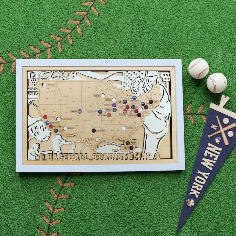 Personalized Wooden MLB Stadium Map with Colorful MLB Team Pins - Mappae Pilot