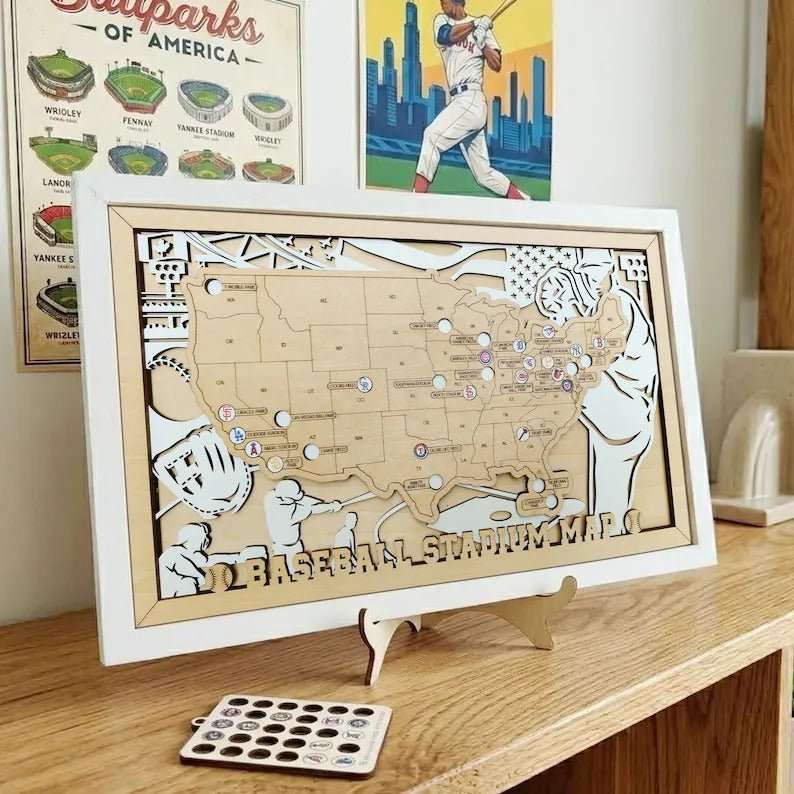 Personalized Wooden MLB Stadium Map with Colorful MLB Team Logo Pins - Mappae Pilot
