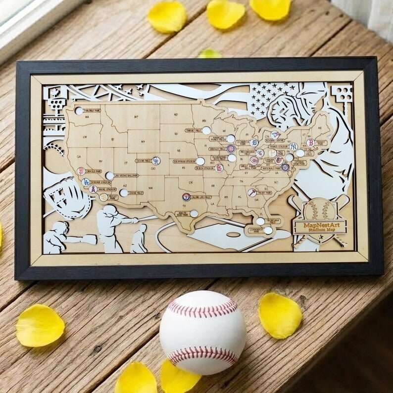 Personalized Wooden MLB Stadium Map with Engraved Nameplate & Team Logo Pins - Mappae Pilot