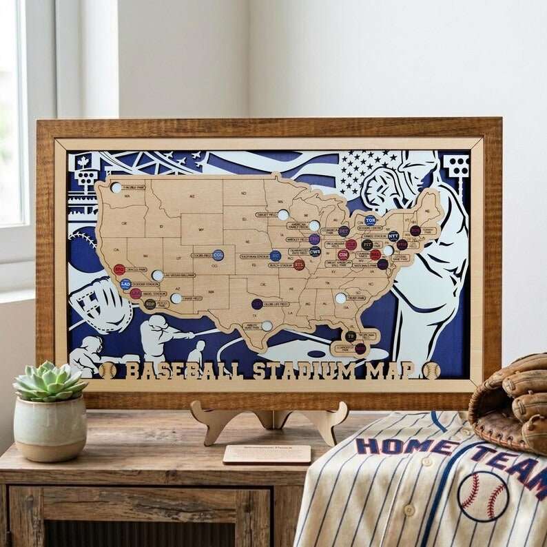 Custom Team Color Wooden MLB Stadium Map with Team Pins - Mappae Pilot