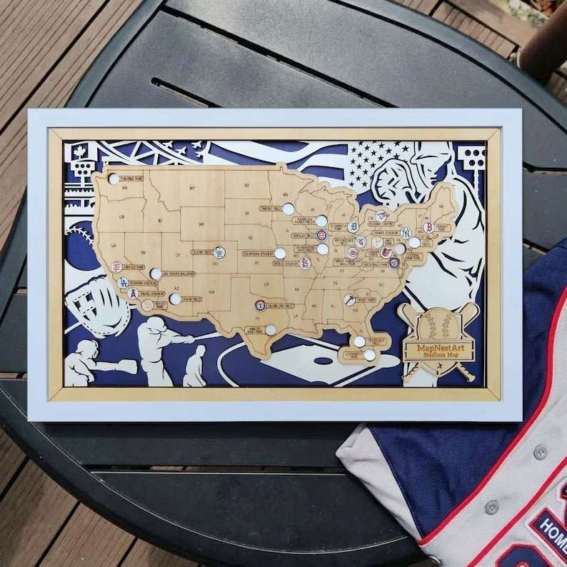 Custom Color MLB Stadium Map with Nameplate & Team Logo Pins - Mappae Pilot